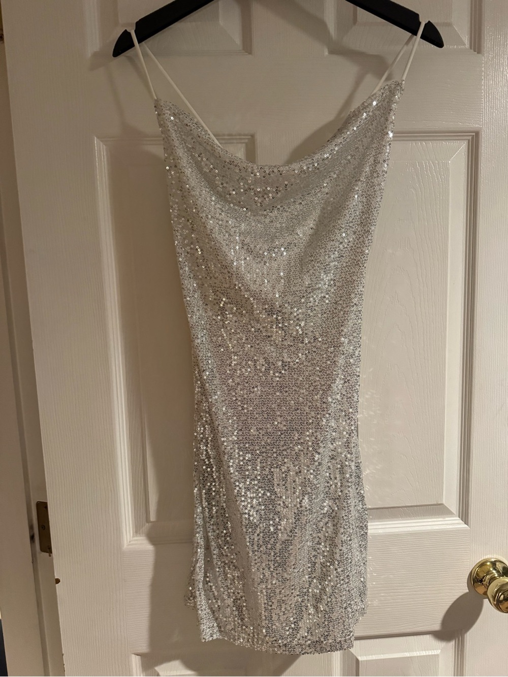 Silver Sequin Mini Slip Dress with Cowl Neck